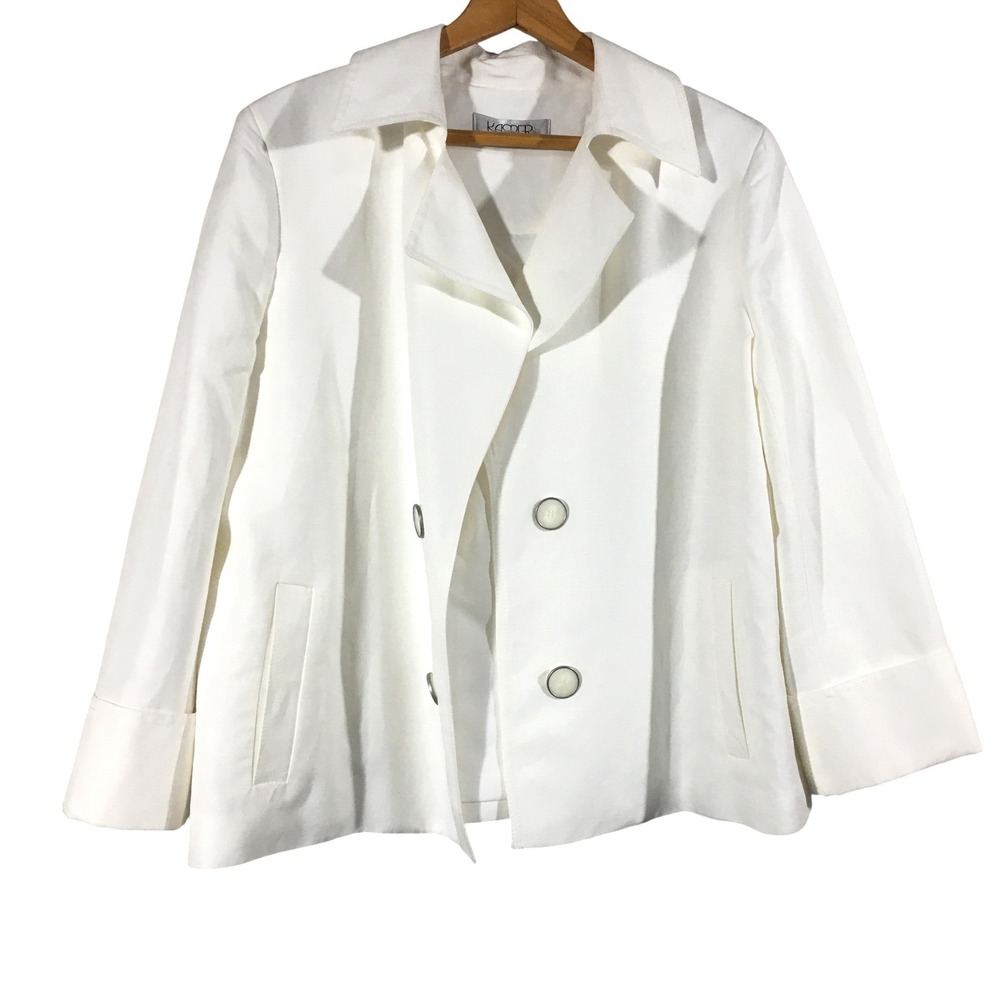 Kasper Women's Lily White Linen Double Breasted Open Front Blazer Jacket Size 14